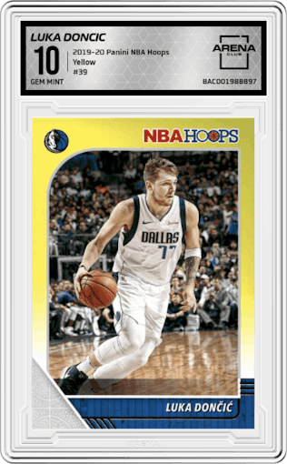 Luka Doncic from the 2019-20 Panini NBA Hoops set featuring a Yellow parallel graded by Arena Club and given an overall grade of 10.