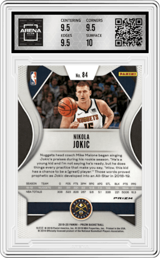 Nikola Jokic from the 2019-20 Panini Prizm set featuring a Silver Prizm parallel graded by Arena Club and given an overall grade of 10.