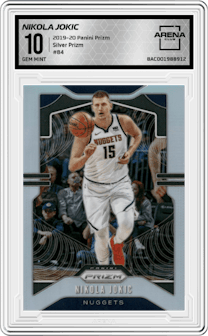 Nikola Jokic from the 2019-20 Panini Prizm set featuring a Silver Prizm parallel graded by Arena Club and given an overall grade of 10.