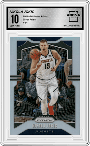 Nikola Jokic from the 2019-20 Panini Prizm set featuring a Silver Prizm parallel graded by Arena Club and given an overall grade of 10.