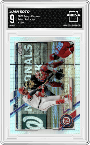 Juan Soto from the 2021 Topps Chrome set featuring a Prism Refractor parallel graded by Arena Club and given an overall grade of 9.