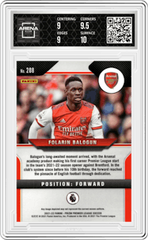 Folarin Balogun from the 2021-22 Panini Prizm Premier League set graded by Arena Club and given an overall grade of 9.5.