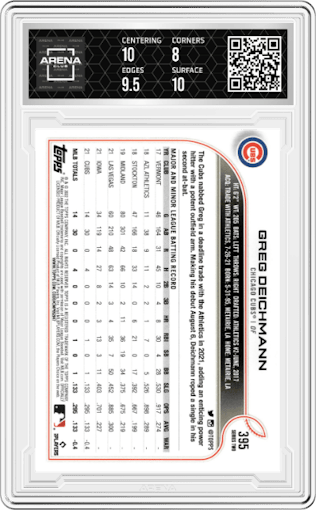 Greg Deichmann from the 2022 Topps Series 2 set graded by Arena Club and given an overall grade of 8.5.