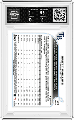 Brett Phillips from the 2022 Topps Series 2 set graded by Arena Club and given an overall grade of 9.5.