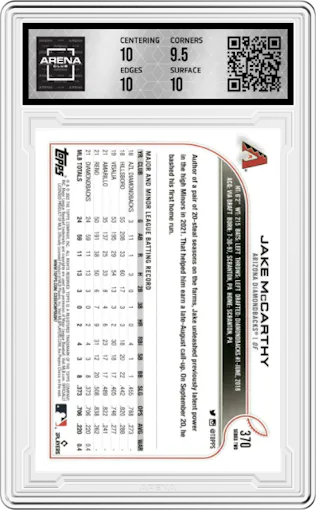 Jake McCarthy from the 2022 Topps Series 2 set graded by Arena Club and given an overall grade of 10.