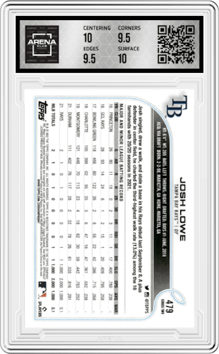 Josh Lowe from the 2022 Topps Series 2 set graded by Arena Club and given an overall grade of 10.