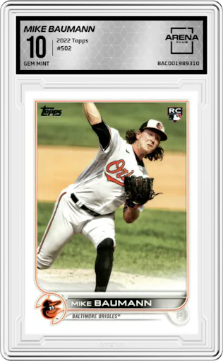 Mike Baumann from the 2022 Topps Series 2 set graded by Arena Club and given an overall grade of 10.