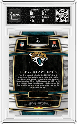 Trevor Lawrence from the 2021 Panini Select set graded by Arena Club and given an overall grade of 9.