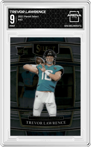 Trevor Lawrence from the 2021 Panini Select set graded by Arena Club and given an overall grade of 9.