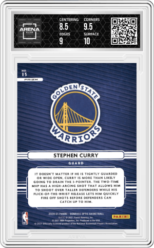 Stephen Curry from the 2020-21 Panini Donruss Optic set featuring a Holo parallel graded by Arena Club and given an overall grade of 9.