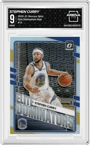 Stephen Curry from the 2020-21 Panini Donruss Optic set featuring a Holo parallel graded by Arena Club and given an overall grade of 9.