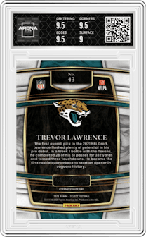 Trevor Lawrence from the 2021 Panini Select set graded by Arena Club and given an overall grade of 9.5.