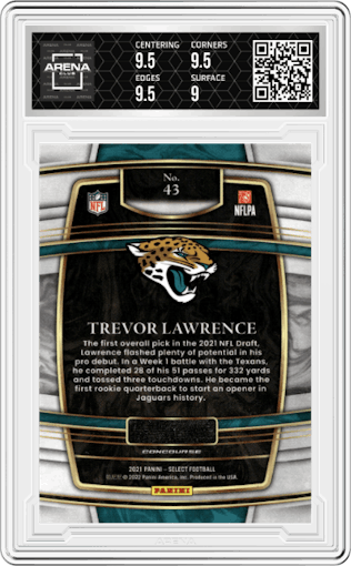 Trevor Lawrence from the 2021 Panini Select set graded by Arena Club and given an overall grade of 9.5.