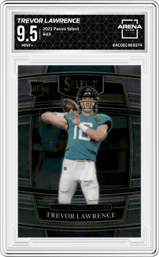 Trevor Lawrence from the 2021 Panini Select set graded by Arena Club and given an overall grade of 9.5.