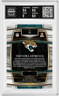 Trevor Lawrence from the 2021 Panini Select set graded by Arena Club and given an overall grade of 9.5.