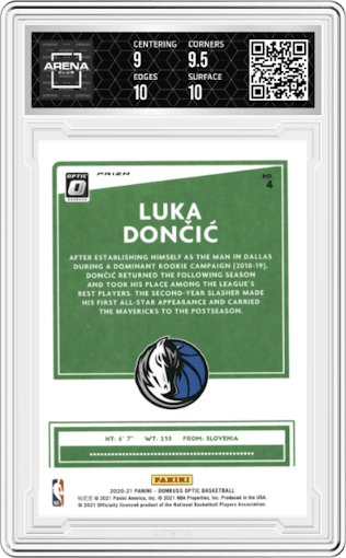 Luka Doncic from the 2020-21 Panini Donruss Optic set featuring a Holo parallel graded by Arena Club and given an overall grade of 9.5.