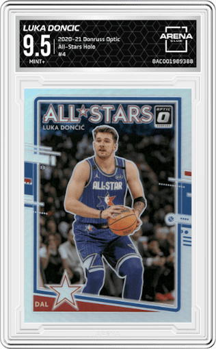 Luka Doncic from the 2020-21 Panini Donruss Optic set featuring a Holo parallel graded by Arena Club and given an overall grade of 9.5.