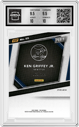 Ken Griffey Jr. from the 2023 Panini The National VIP set featuring a Red Sparkle parallel graded by Arena Club and given an overall grade of 10.