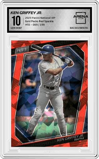 Ken Griffey Jr. from the 2023 Panini The National VIP set featuring a Red Sparkle parallel graded by Arena Club and given an overall grade of 10.
