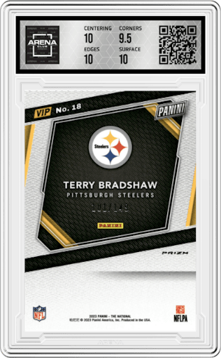 Terry Bradshaw from the 2023 Panini The National VIP set featuring a Blue Sparkle parallel graded by Arena Club and given an overall grade of 10.