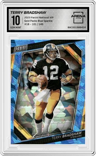 Terry Bradshaw from the 2023 Panini The National VIP set featuring a Blue Sparkle parallel graded by Arena Club and given an overall grade of 10.