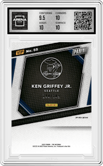 Ken Griffey Jr. from the 2023 Panini The National VIP set featuring a Blue Sparkle parallel graded by Arena Club and given an overall grade of 10.