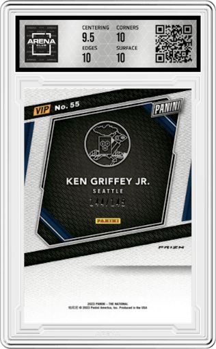 Ken Griffey Jr. from the 2023 Panini The National VIP set featuring a Blue Sparkle parallel graded by Arena Club and given an overall grade of 10.