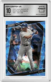 Ken Griffey Jr. from the 2023 Panini The National VIP set featuring a Blue Sparkle parallel graded by Arena Club and given an overall grade of 10.