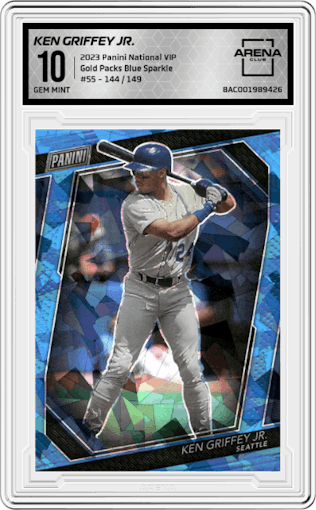 Ken Griffey Jr. from the 2023 Panini The National VIP set featuring a Blue Sparkle parallel graded by Arena Club and given an overall grade of 10.