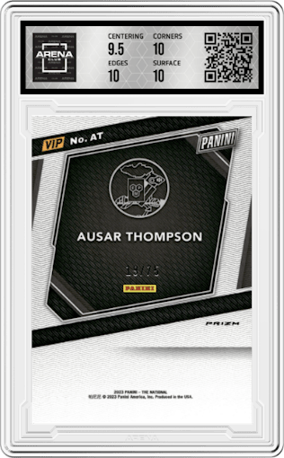 Ausar Thompson from the 2023 Panini The National VIP set featuring a Pink Sparkle parallel graded by Arena Club and given an overall grade of 10.
