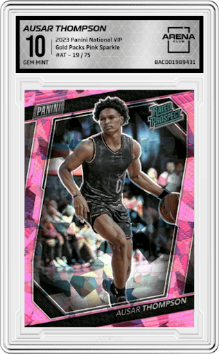 Ausar Thompson from the 2023 Panini The National VIP set featuring a Pink Sparkle parallel graded by Arena Club and given an overall grade of 10.