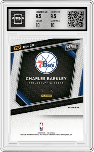 Charles Barkley from the 2023 Panini The National VIP set featuring a Pink Sparkle parallel graded by Arena Club and given an overall grade of 10.