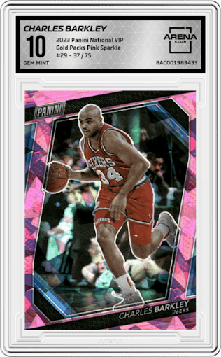 Charles Barkley from the 2023 Panini The National VIP set featuring a Pink Sparkle parallel graded by Arena Club and given an overall grade of 10.