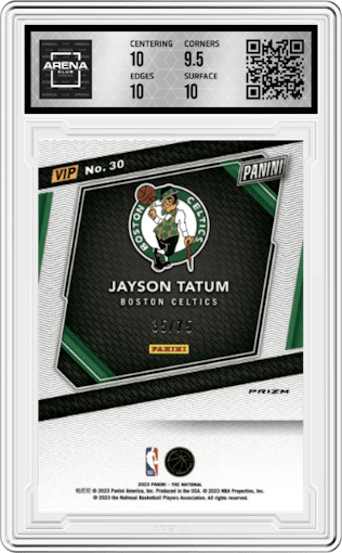 Jayson Tatum from the 2023 Panini The National VIP set featuring a Pink Sparkle parallel graded by Arena Club and given an overall grade of 10.