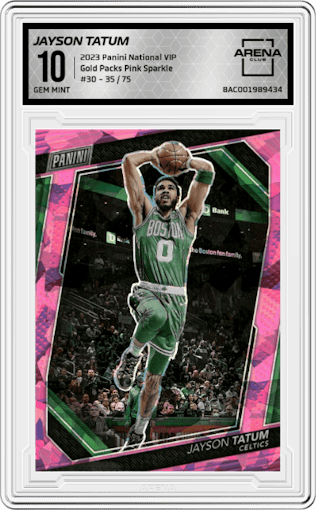 Jayson Tatum from the 2023 Panini The National VIP set featuring a Pink Sparkle parallel graded by Arena Club and given an overall grade of 10.