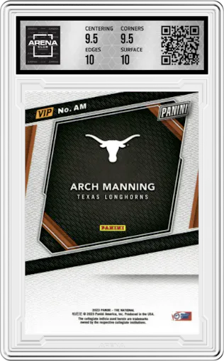 Arch Manning from the 2023 Panini The National VIP set graded by Arena Club and given an overall grade of 10.
