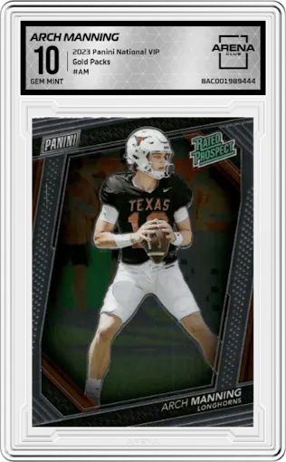 Arch Manning from the 2023 Panini The National VIP set graded by Arena Club and given an overall grade of 10.