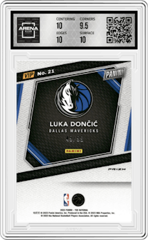 Luka Doncic from the 2023 Panini The National VIP set featuring a Green Sparkle parallel graded by Arena Club and given an overall grade of 10.