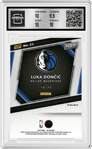Luka Doncic from the 2023 Panini The National VIP set featuring a Green Sparkle parallel graded by Arena Club and given an overall grade of 10.