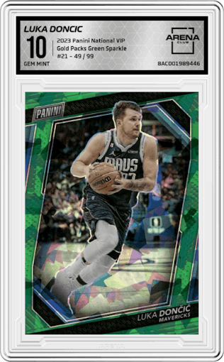 Luka Doncic from the 2023 Panini The National VIP set featuring a Green Sparkle parallel graded by Arena Club and given an overall grade of 10.