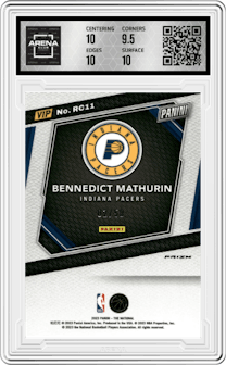 Bennedict Mathurin from the 2023 Panini The National VIP set featuring a Purple Sparkle parallel graded by Arena Club and given an overall grade of 10.