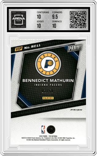 Bennedict Mathurin from the 2023 Panini The National VIP set featuring a Purple Sparkle parallel graded by Arena Club and given an overall grade of 10.