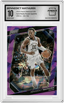 Bennedict Mathurin from the 2023 Panini The National VIP set featuring a Purple Sparkle parallel graded by Arena Club and given an overall grade of 10.