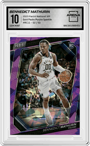 Bennedict Mathurin from the 2023 Panini The National VIP set featuring a Purple Sparkle parallel graded by Arena Club and given an overall grade of 10.