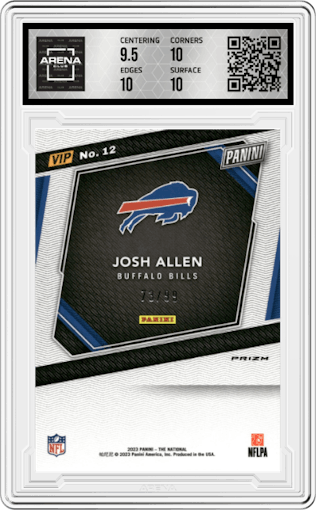 Josh Allen from the 2023 Panini The National VIP set featuring a Green Sparkle parallel graded by Arena Club and given an overall grade of 10.
