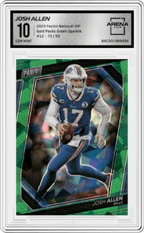 Josh Allen from the 2023 Panini The National VIP set featuring a Green Sparkle parallel graded by Arena Club and given an overall grade of 10.