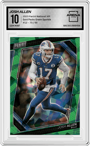 Josh Allen from the 2023 Panini The National VIP set featuring a Green Sparkle parallel graded by Arena Club and given an overall grade of 10.