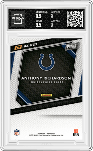 Anthony Richardson from the 2023 Panini The National VIP set graded by Arena Club and given an overall grade of 9.5.