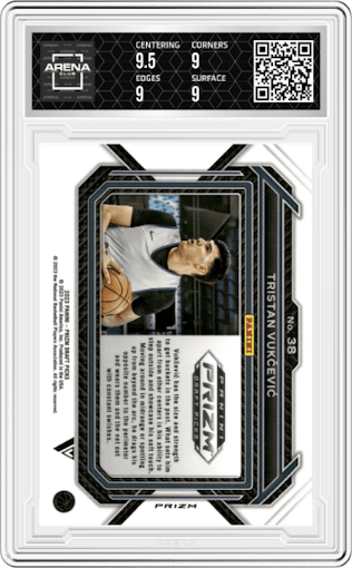 Tristan Vukcevic from the 2023-24 Panini Prizm Draft Picks set featuring a Venom parallel graded by Arena Club and given an overall grade of 9.