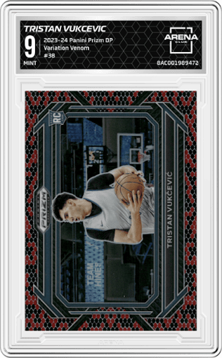 Tristan Vukcevic from the 2023-24 Panini Prizm Draft Picks set featuring a Venom parallel graded by Arena Club and given an overall grade of 9.